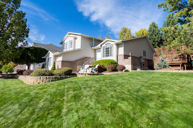 A fresh cut lawn in front of a white house